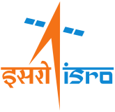 ISRO logo featuring an orange arrow with blue accents and text in Hindi and English.