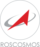 Logo of Roscosmos featuring a red arrow within a gray elliptical orbit symbol, with "ROSCOSMOS" written below.